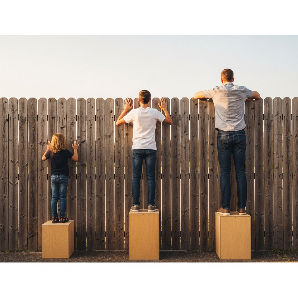 Three people of different heights standing on boxes to see over a fence, all reaching the same eye level