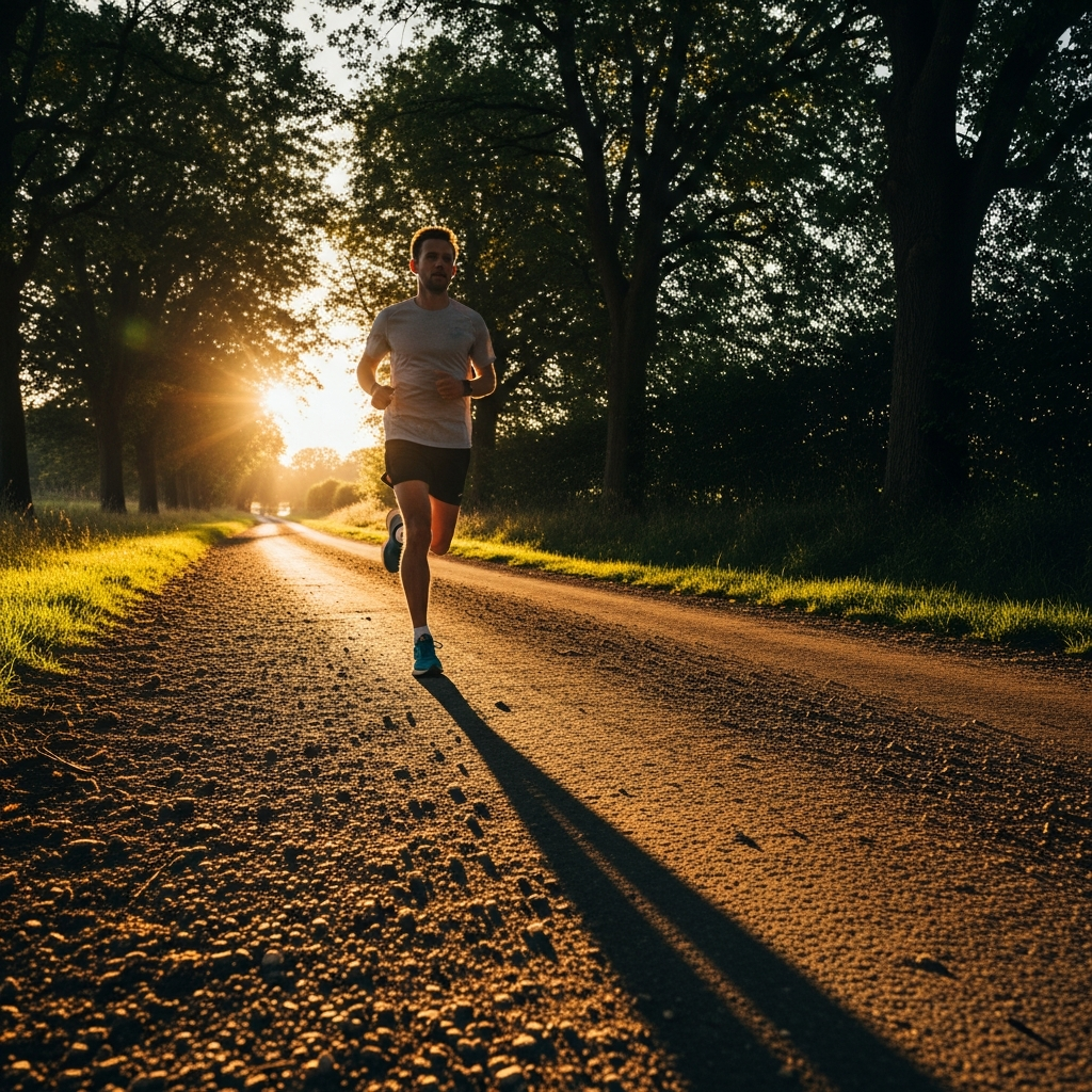 A lone runner on a quiet country lane at golden hour, surrounded by trees
