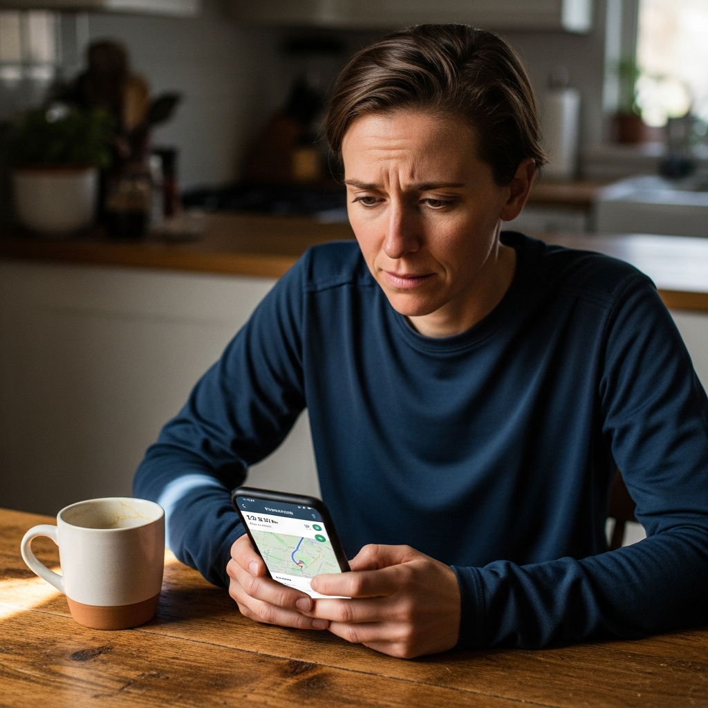 Someone looking anxiously at a running app on their phone