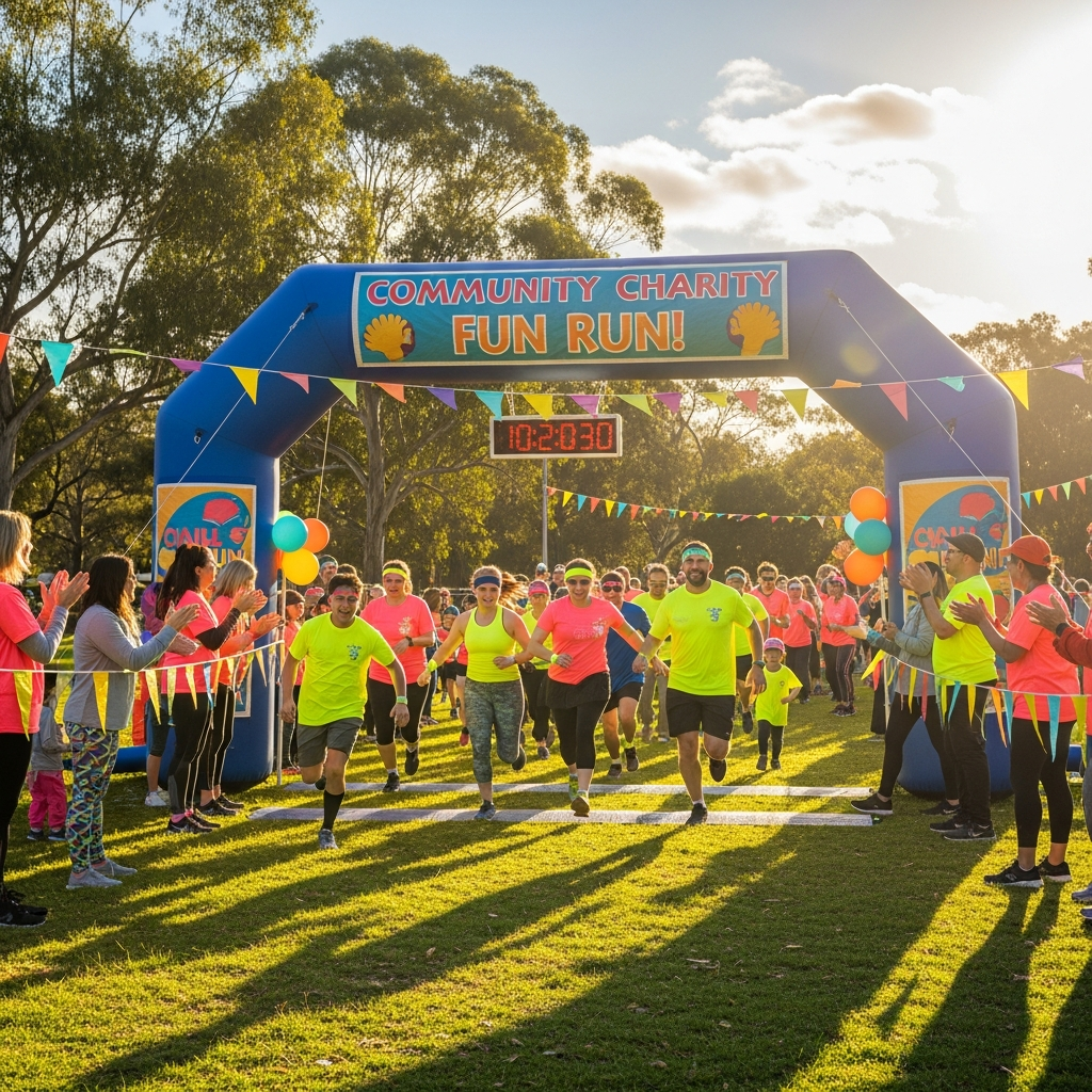 Colourful runners crossing a finish line at a community fun run